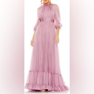 Mac Duggal Sheer Sleeve Gathered Chiffon A-Line Gown